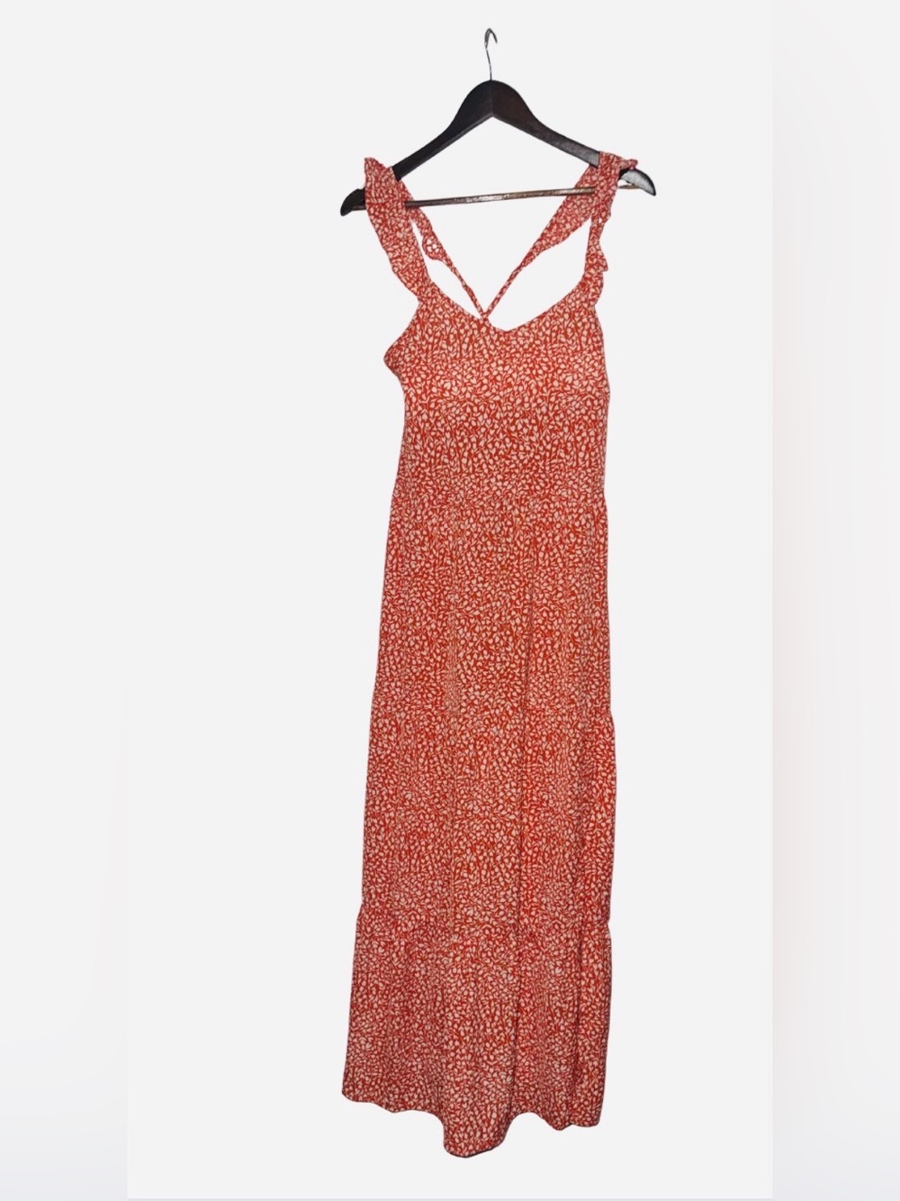 Orange Floral Maxi Dress with Tie-Strap Shoulders